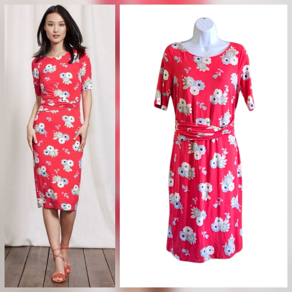 Boden Coral Red Jersey Lined Floral Dress Feaux Wrap Pencil Midi Women Size 8 R